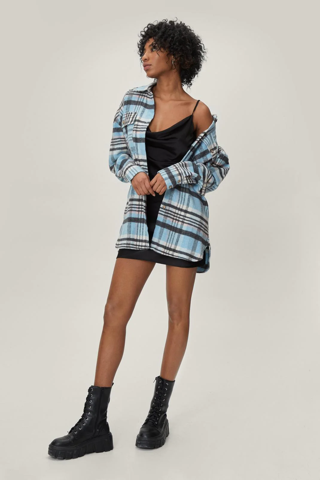 Brushed Check Pocket Detail Mini Shirt Dress